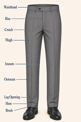 Front and back views of men's trousers identifying the waistband, rise, seat, crotch, thigh, inseam, outseam, leg opening, hem, and break