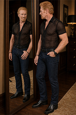 A confident fit 75-year-old man admiring his Levi's jeans, black mesh shirt, and polished black ankle boots in a mirror
