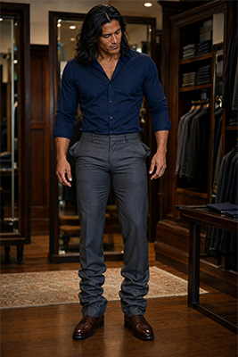 Men's trousers pulling at the crotch, flaring at the pockets, sagging beneath the seat, and stacking excessively over the shoes