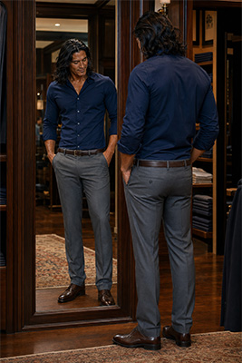 The same man comparing how low-rise, mid-rise, and higher-rise trousers change his body proportions
