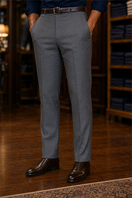 Close comparison of no break, a slight break, and a full break where men's trousers meet polished footwear