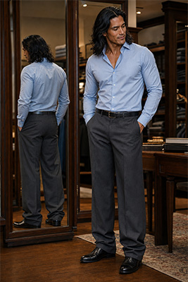 The same pair of men's pants shown before and after hemming and tapering by a skilled tailor