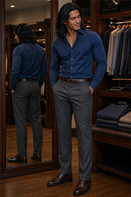 A confident well-dressed man wearing pants that balance his build and coordinate naturally with his shirt and polished footwear