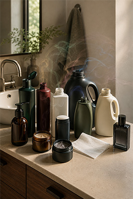 A bathroom counter filled with open scented grooming products releasing faint colored wisps that mingle above them