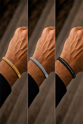 Three masculine wrists showing matching mesh bracelets in gold silver and shiny black finishes.