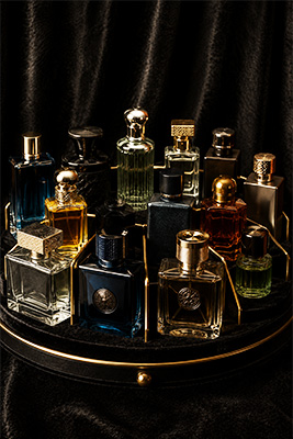 A thoughtfully selected collection of men's fragrances arranged on a rotating black velvet display with elegant gold dividers