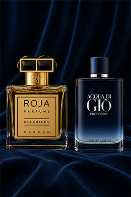 A premium men's fragrance displayed beside an affordable inspired-by alternative, illustrating thoughtful purchasing decisions