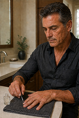 Mature man applying shiny clear polish to his clean and neatly trimmed fingernails