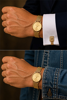 Well-dressed man in a dressing room realizing one expensive watch does not work with every outfit and every setting.