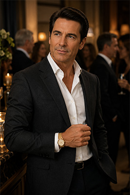 Confident well-dressed man wearing the right watch for his outfit and setting, showing that the watch supports the man rather than overpowering him.