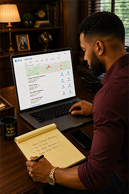 Laptop beside a notepad as a man researches and records possible local tailoring businesses