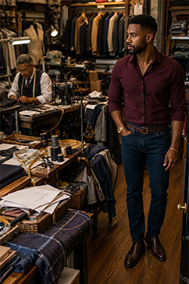 A cluttered alterations shop with crowded worktables and clothing stacked loosely