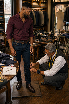 A tailor carefully pinning and measuring a man's jeans during an in-person fitting