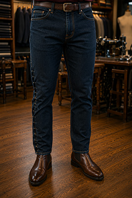 Jeans temporarily pinned during a fitting to show the planned taper and removal of excess fabric