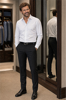 The same man in a high-contrast outfit that divides his body and a coordinated blue outfit that creates a longer vertical line