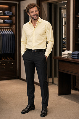 The same man in a light high-contrast outfit that makes him appear larger and a dark coordinated outfit that creates a slimmer silhouette