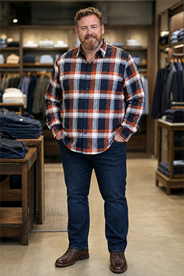 A substantial man wearing a large busy pattern and then a solid dark T-shirt beneath an open shirt to create a slimmer vertical line