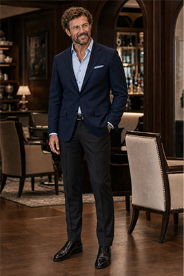 A man wearing a navy sport coat, light blue shirt, charcoal trousers, and a restrained burgundy accent in a coordinated outfit