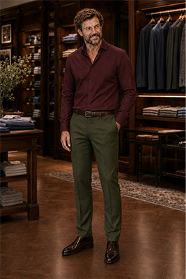 A burgundy and olive outfit compared with corrected combinations pairing burgundy with charcoal and olive with cream and brown