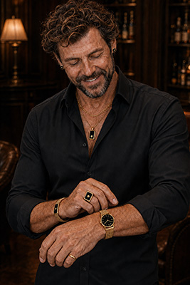 A man in an all-black evening outfit shown with gold, silver, and black jewelry to demonstrate three coordinated color treatments