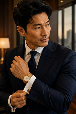 Businessman in a navy suit wearing a refined gold mesh watch with matching gold mesh cuff links for a polished executive look.