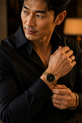 Close-up of a man's wrist wearing a minimalist analog watch with clean markers and no numbers, coordinated with tasteful jewelry.