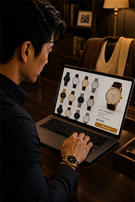 Man shopping online for inexpensive men's watches while comparing watch styles, case colors, face colors, and straps.