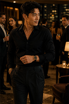 Confident well-dressed man wearing a perfectly coordinated watch and jewelry while being the focus of attention in an upscale evening setting.