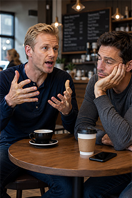 Man talking excessively while another person loses interest in the conversation