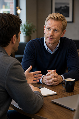 Attentive man maintaining eye contact and actively listening during a conversation
