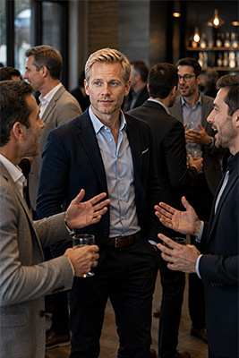 Confident man remaining composed while others around him compete for attention