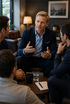 Confident speaker holding the attention of a small group during a conversation
