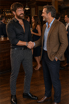 Two guests ending a pleasant conversation with a handshake and relaxed smiles at a semi-casual cocktail party