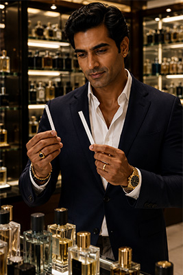 A well-groomed man thoughtfully comparing fragrance test strips at a department store cologne counter