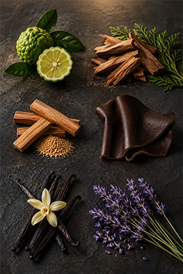 Individual fragrance notes such as bergamot, cedar, sandalwood, leather, vanilla, and lavender displayed separately