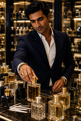 Confident man selecting a fragrance at a department store after learning his preferred scent notes