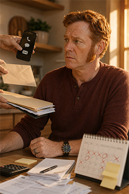Mature man feeling pressured by numerous requests for his time, money, and attention