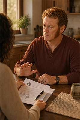 Man facing an emotional request to cosign housing documents for an adult family member
