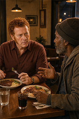 Generous man sharing dinner and conversation with a homeless person at a restaurant