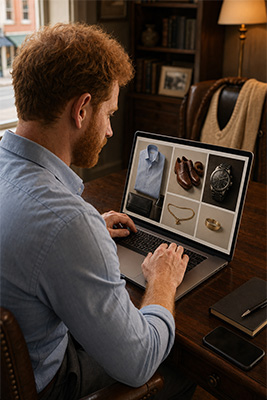 Stylish mature man shopping online from a community with limited local retail choices