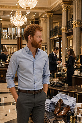 Elegant department store with marble floors, chandeliers, and elaborate merchandise displays