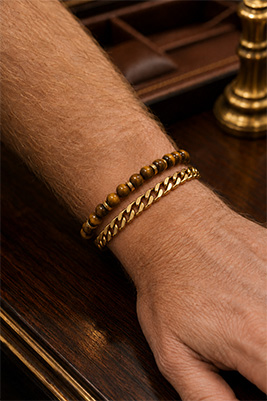 Gold-tone two-strand chain bracelet combined with coordinating bead bracelets