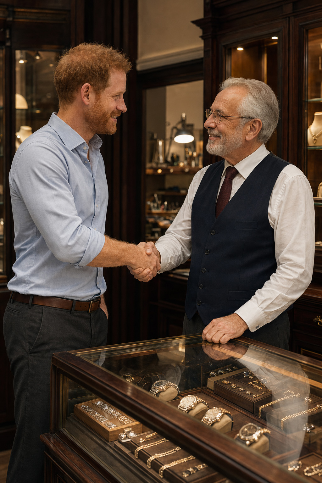 Doug and Mr. Weisser shaking hands across the counter in Mr. Weisser's jewelry store