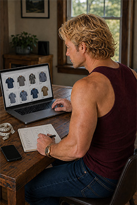 A well-dressed man thoughtfully comparing men's clothing online with his phone, notebook, and measuring tape nearby