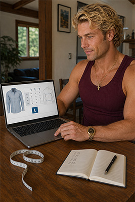 A fit man confidently ordering a large men's shirt after reviewing an online size chart
