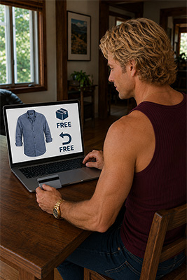 A man comparing an online clothing purchase that includes free shipping and free returns