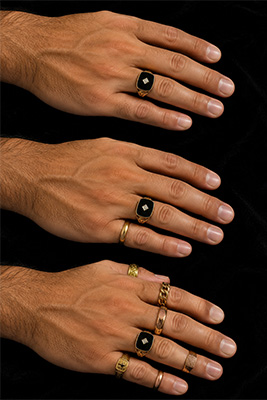 Comparison of men's rings showing too many oversized rings versus one tasteful masculine ring that adds style without excess.