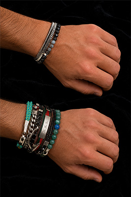Comparison of men's bracelets showing an overloaded wrist versus a coordinated bracelet stack with matching metal and theme.