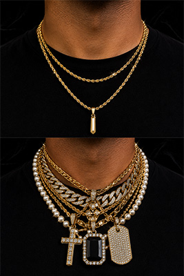 Comparison of men's necklaces showing an oversized distracting necklace versus a simple masculine chain with a tasteful pendant.