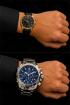 Comparison of men's watches showing an oversized complicated watch versus a simple minimal watch that completes the outfit.